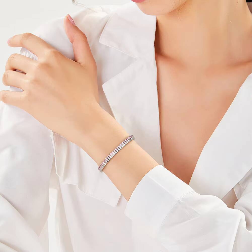 SB158 RINNTIN Rock 925 Silver Fine Jewelry 2 Rows 20mm Prong Setting Round Cut PinkWhite CZ Tennis Bracelet for Women