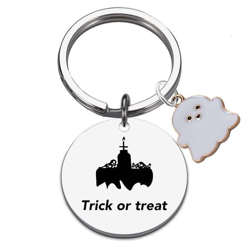 Hot Sale Ghost Stainless Steel Keychain Laser Engravable Round Halloween Pendant