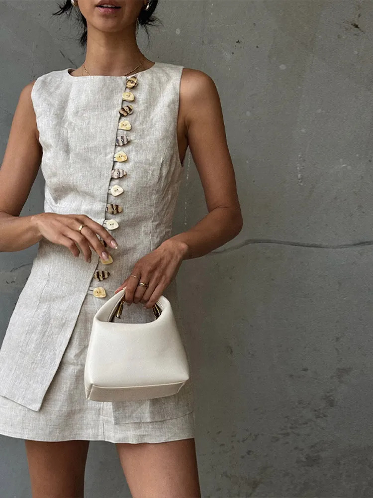 Elegant Solid Women 2 Pieces Suits Oneck Sleeveless Single Breasted Slim Tank Aline Mini Skirts 2025 Summer Lady Sets 250811m