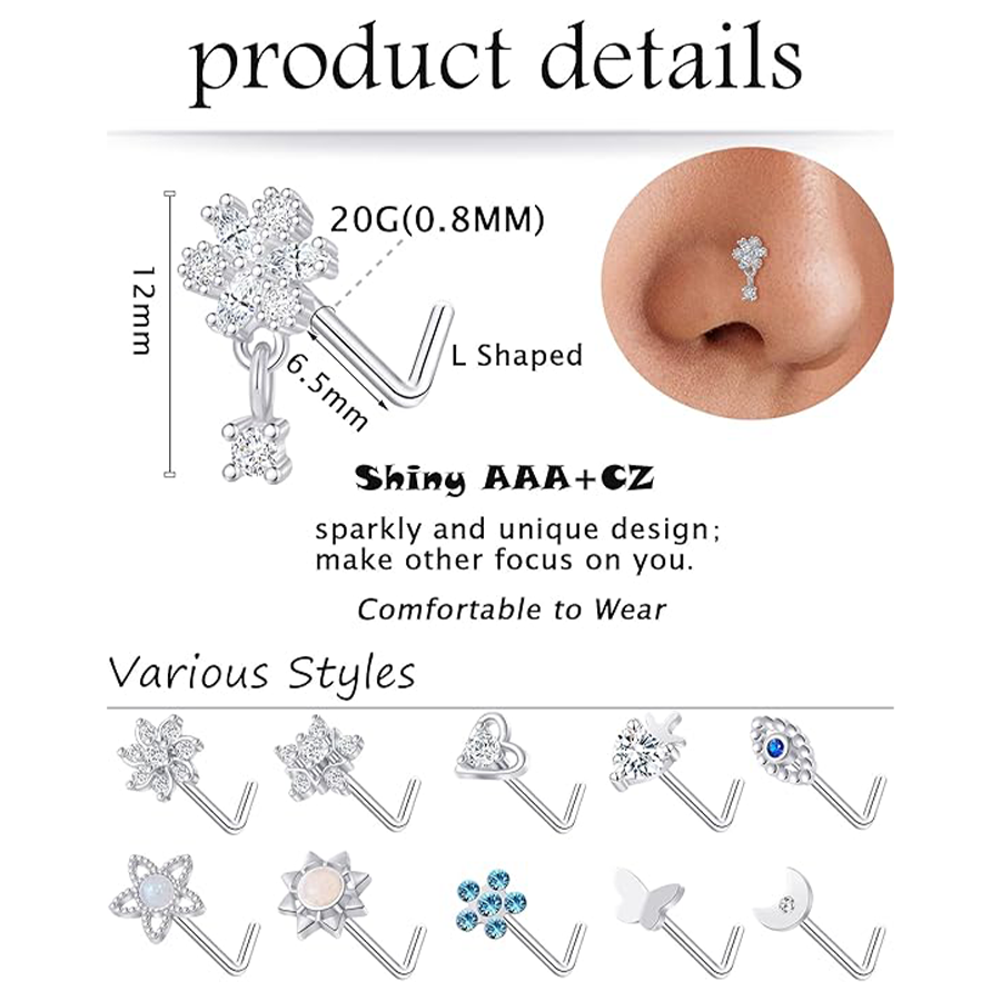 12Pcs Nose Rings Stud L Shape Cubic Zirconia Butterfly Flower Eye Moon Butterfly Heart Snake Shape Nose Studs Piercing Jewelry Silver Plated 20G