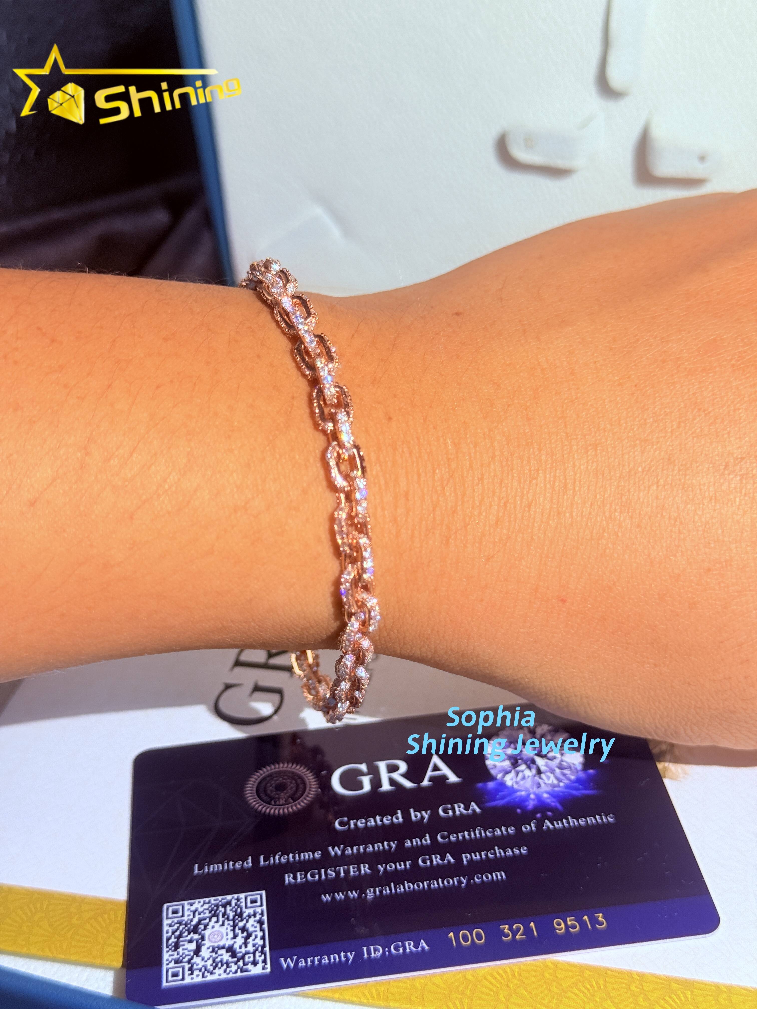 Fashion Sterling Silver 925 VVS Moissanite Lab Diamond Hip Hop Jewelry 14K Real Rose Gold Plated Cuban Link Chain Bracelet