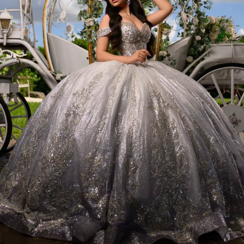 Silvery Shiny Quinceanera Dresses Off The Shoulder Applique Lace Beads Corset Tull Party Birthday Sweet 16 Dress Vestidos 15 De Anos
