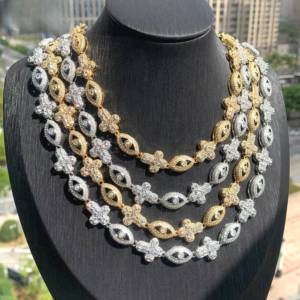 Fashion Design Evil Eye Cross Cuban Chain Brass With 18K Gold Plated 5A Zircon Necklace Iced Out Jewelry for Women Men