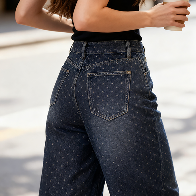 Women's Retro Casual Spotty Wide-Leg Jeans High-Waisted Slimming Loose Polka Dot Denim Pants CK001 Z260313