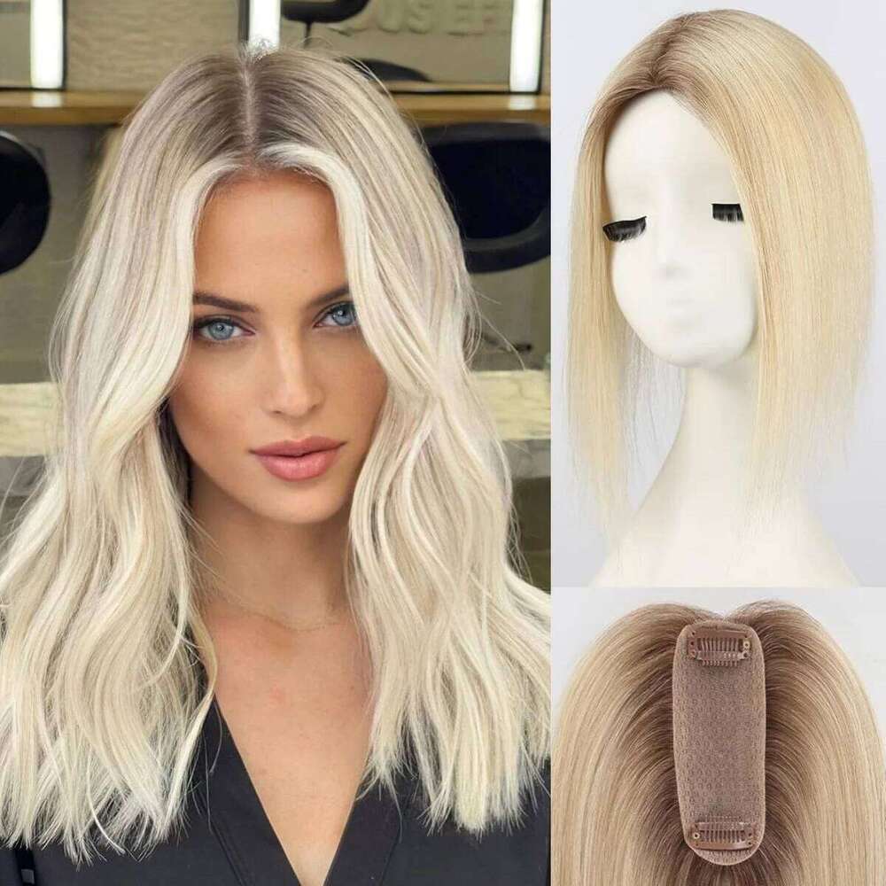 12 Inch Silk Base ombre Light Blonde No Bangs Straight Natural Human Hair Toppers for Women Daily Use