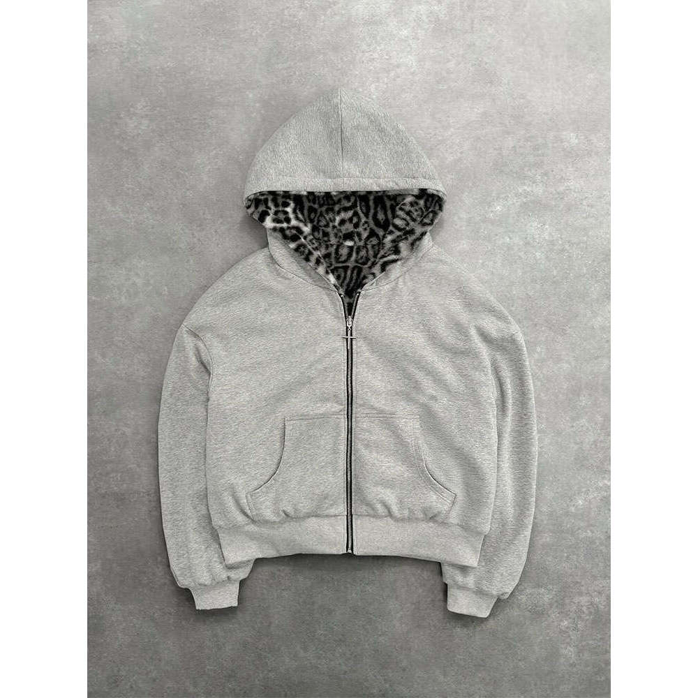 Autumn and Winter New Casual Warm Leopard Print Zipper Loose Reversible Hooded Sweatshirt