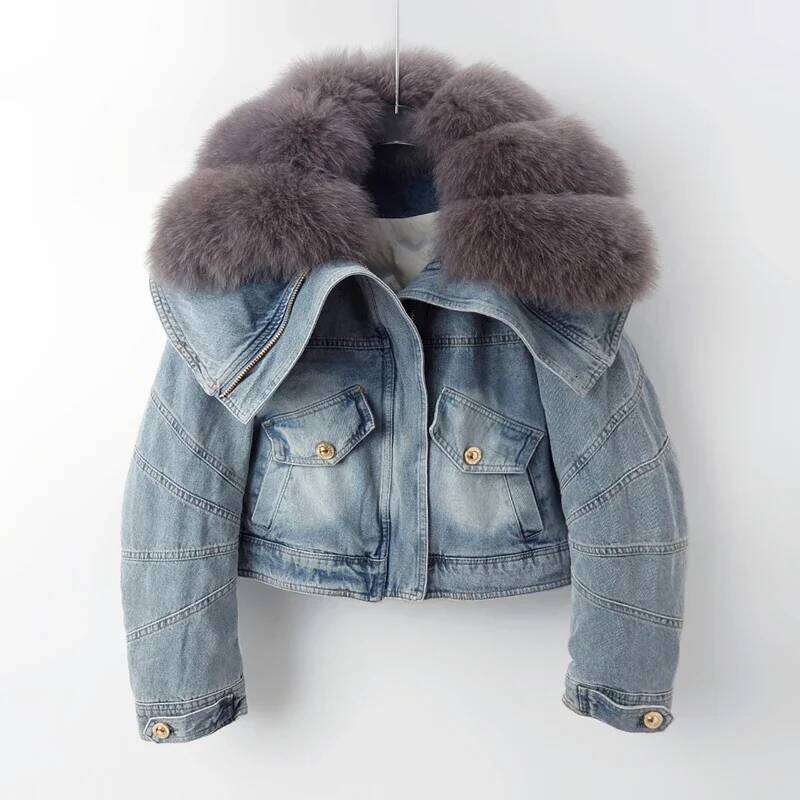 Big Fox Fur Collar Down Cotton Denim Women Vintage Cowboy Outerwear Winter Thick Loose Short Zipper Jeans Jacket Female