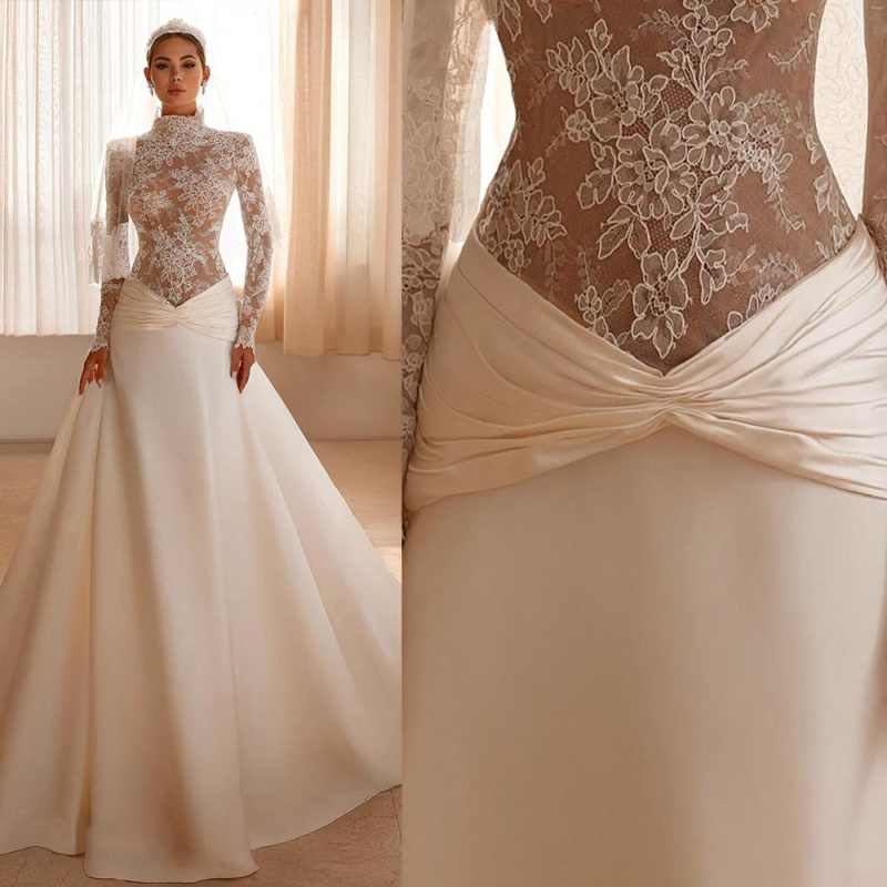 Charming Lace Wedding Dress Long Sleeves High Neck Flowy Satin A Line Bridal Gown Women Prom Party Wear Customzied