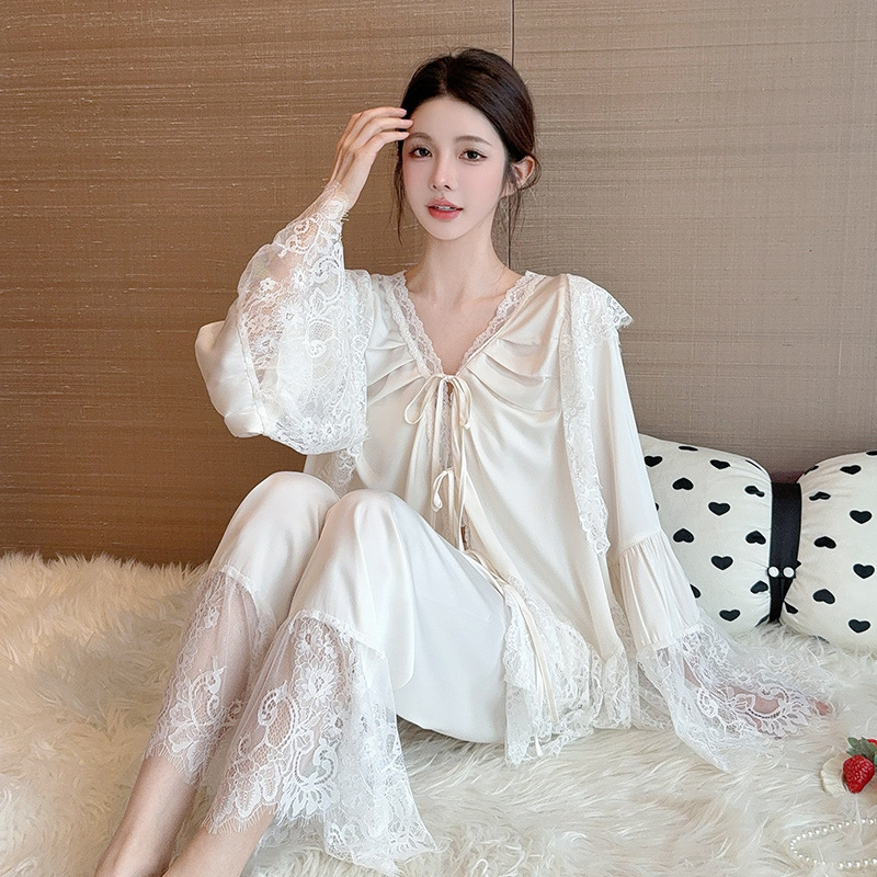D15-Cotton silk pajamas women spring and summer thin loose large size mid-sleeve trousers artificial cotton suit home and outdoor
