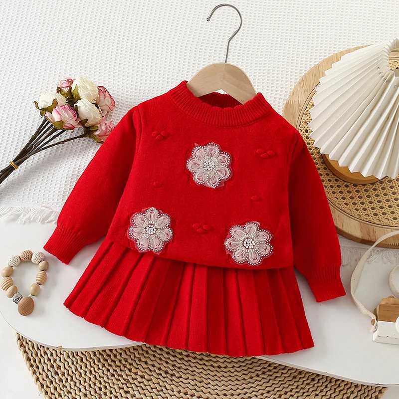 Christmas Suit Knitted Flower Long sleeved Baby Girl Round neck Clothes Sweet knitted sweaterPleated Skirt Baby New Year Set L250926NQH6