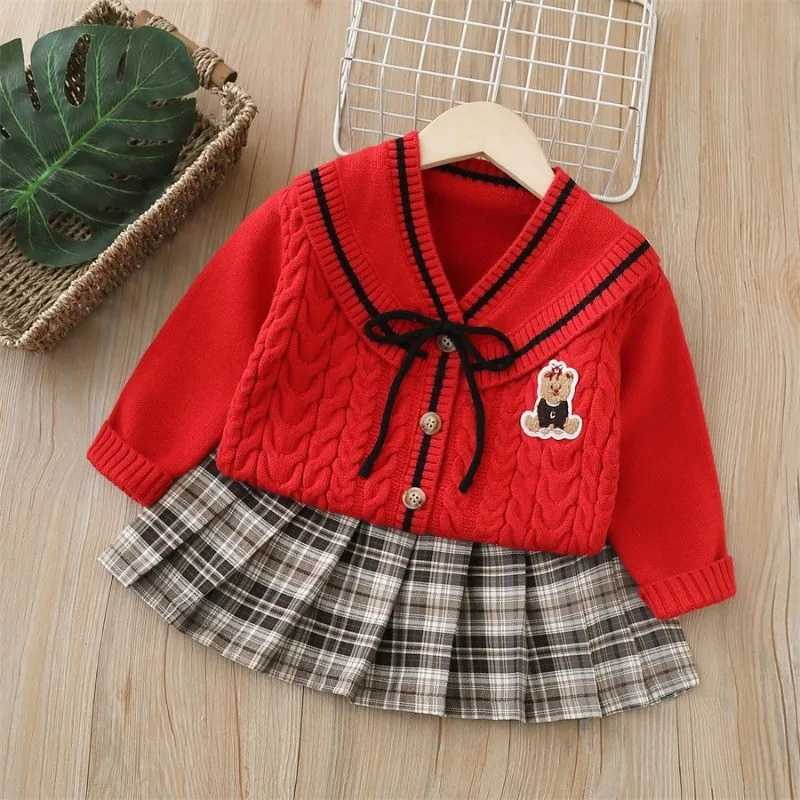 Kids Jumper Set Spring and Autumn Korean Fashion Girls Bow Cartoon Bear SweaterSkirt Autumn College Style Girls Clothing Set L250926CFHM