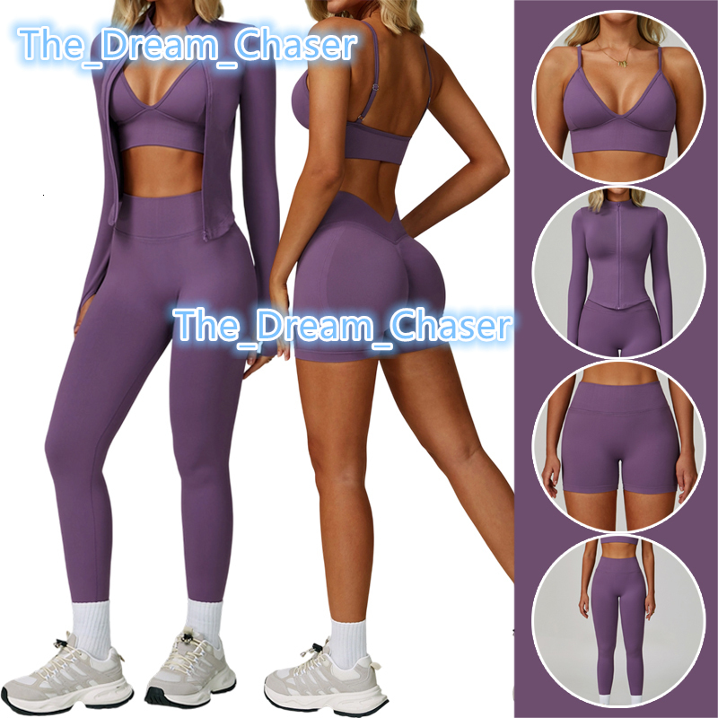 2025 New Womens Gym Fitness Sets Quick Dry Yoga Suit High Intensity Running Sports Clothing Zipper Solid 4 Piece Suits