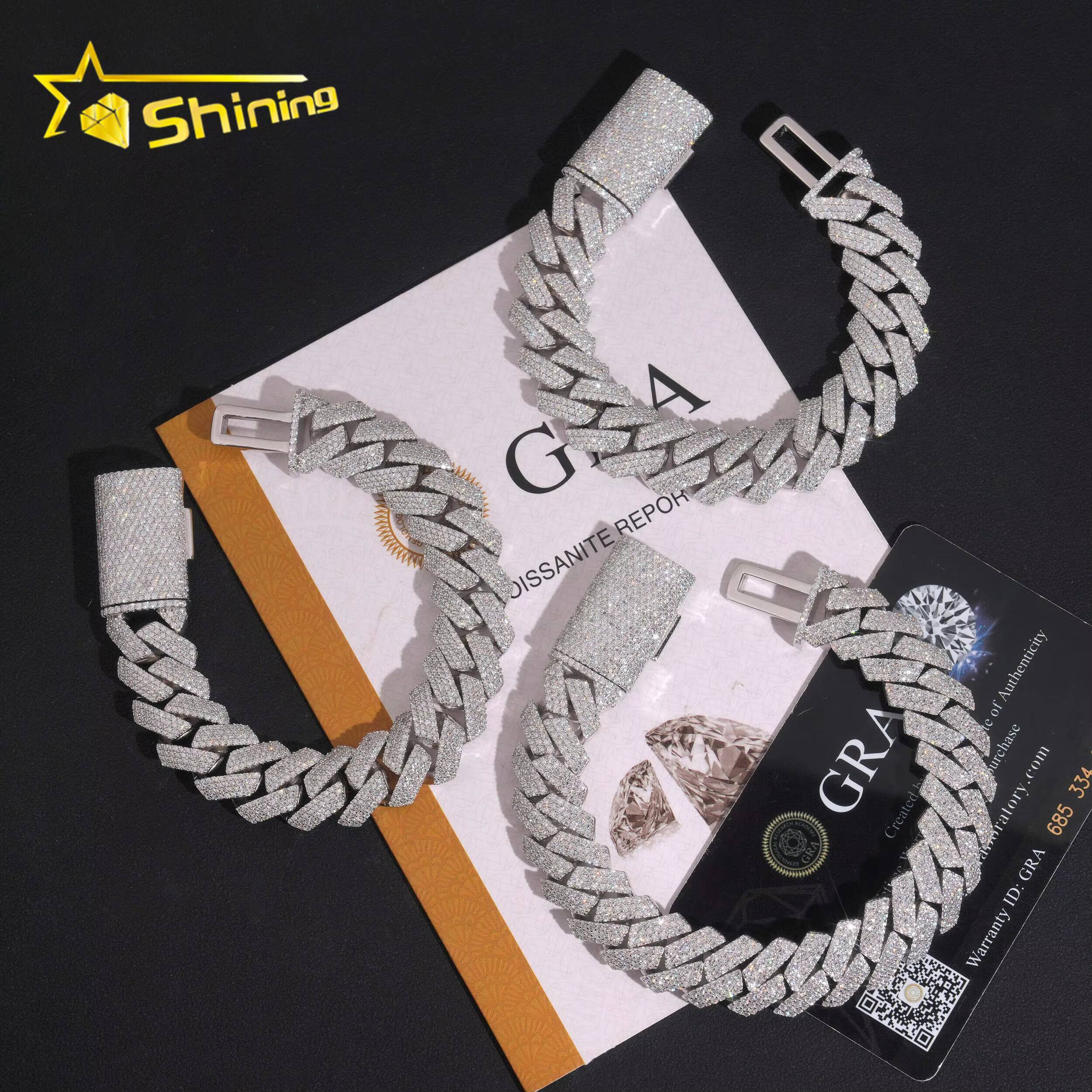 Hip Hop Mens Bracelet Fine Jewelry 925 Sterling Silver 15mm 3rows 4rows Moissanite Cuban Bracelet GRA Certificated