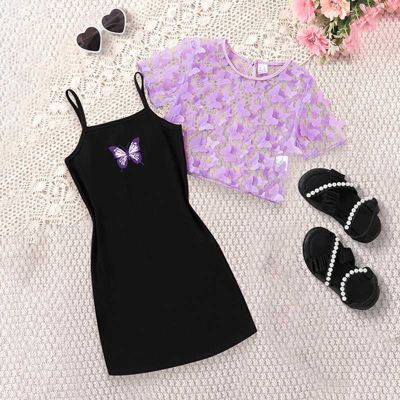 Girls Summer Butterfly 2Piece Dress Tee Set Stretchy Comfortable EasyCare Kidswear L250926WJ3R