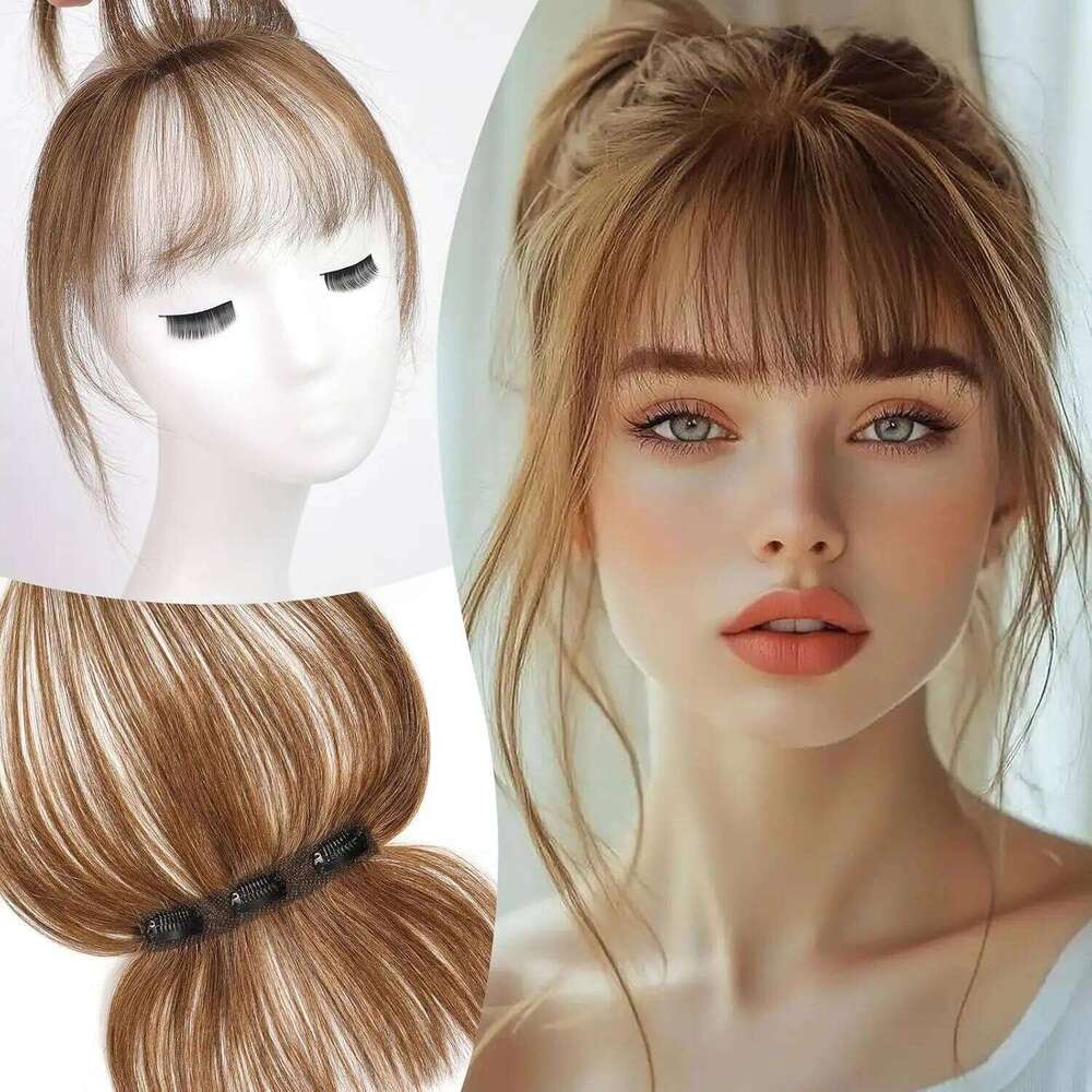 Clip in Ash Brown 100% Human Hair Bangs 3 Non-slip Clips 360°Cover Top HairPieces with 5 inch Wispy Fringes for Women