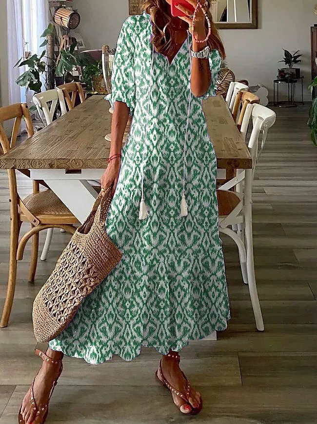 Casual, sweet, loose V-neck printed beard-style mid-length long dress for women with sleeves