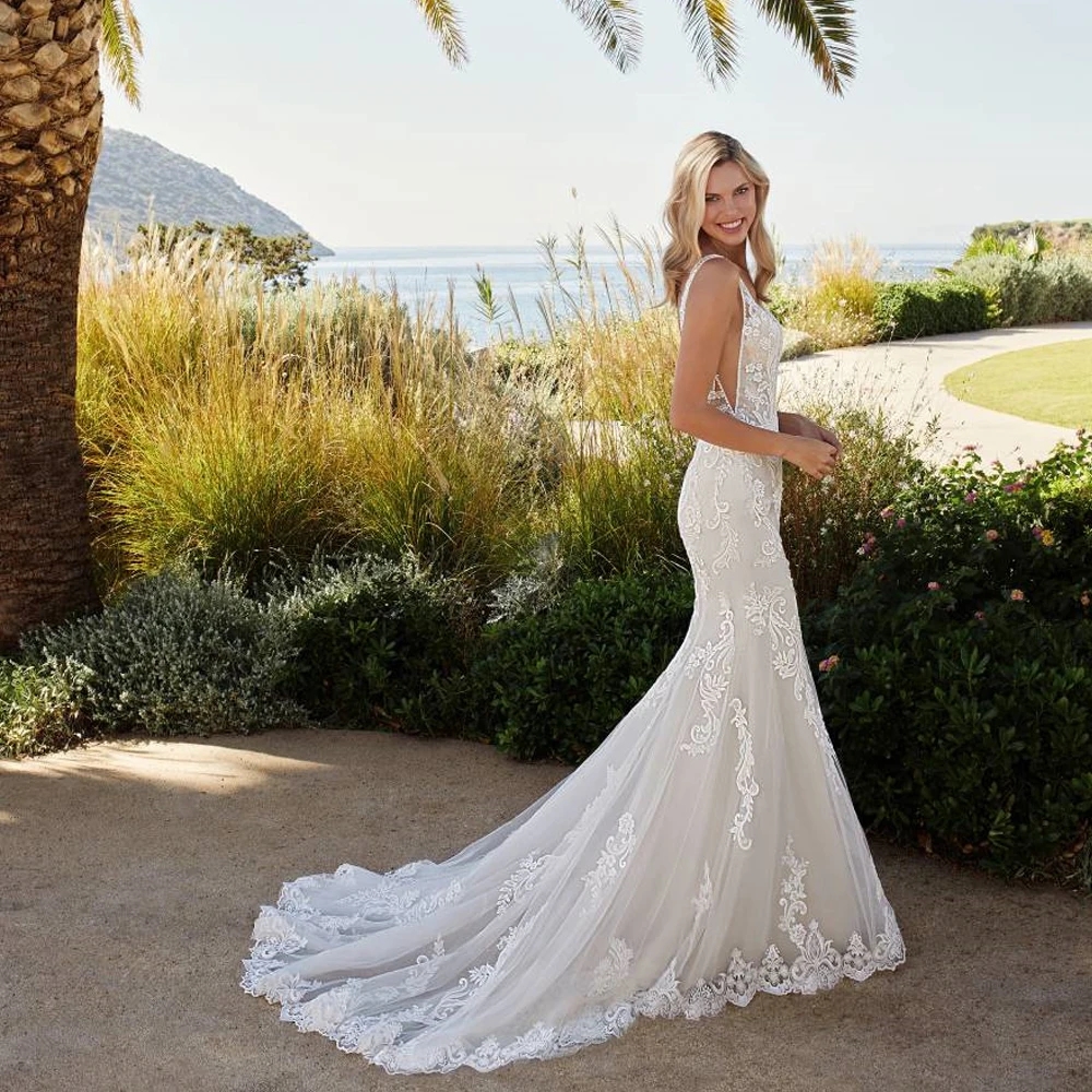 Fashion Mermaid Wedding Dress 2026 Wide Straps Deep V Neck Backless Applique Lace Tulle Bridal Bride Gown Boho Beach Vestido de Novia