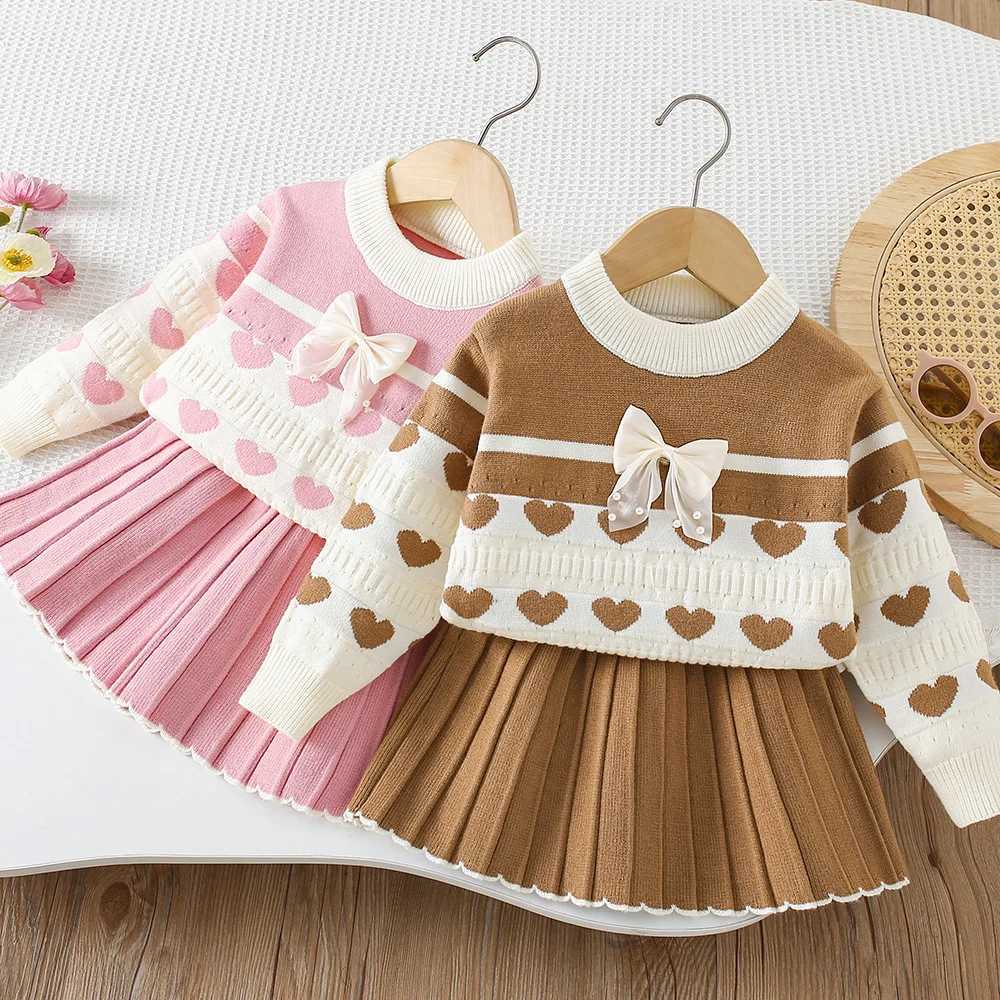 6567 Girls Sweater Suit 2025 Autumn and Winter New Baby Girls Knitted SweaterSkirt Bow Twopiece Suit L250926DMKS