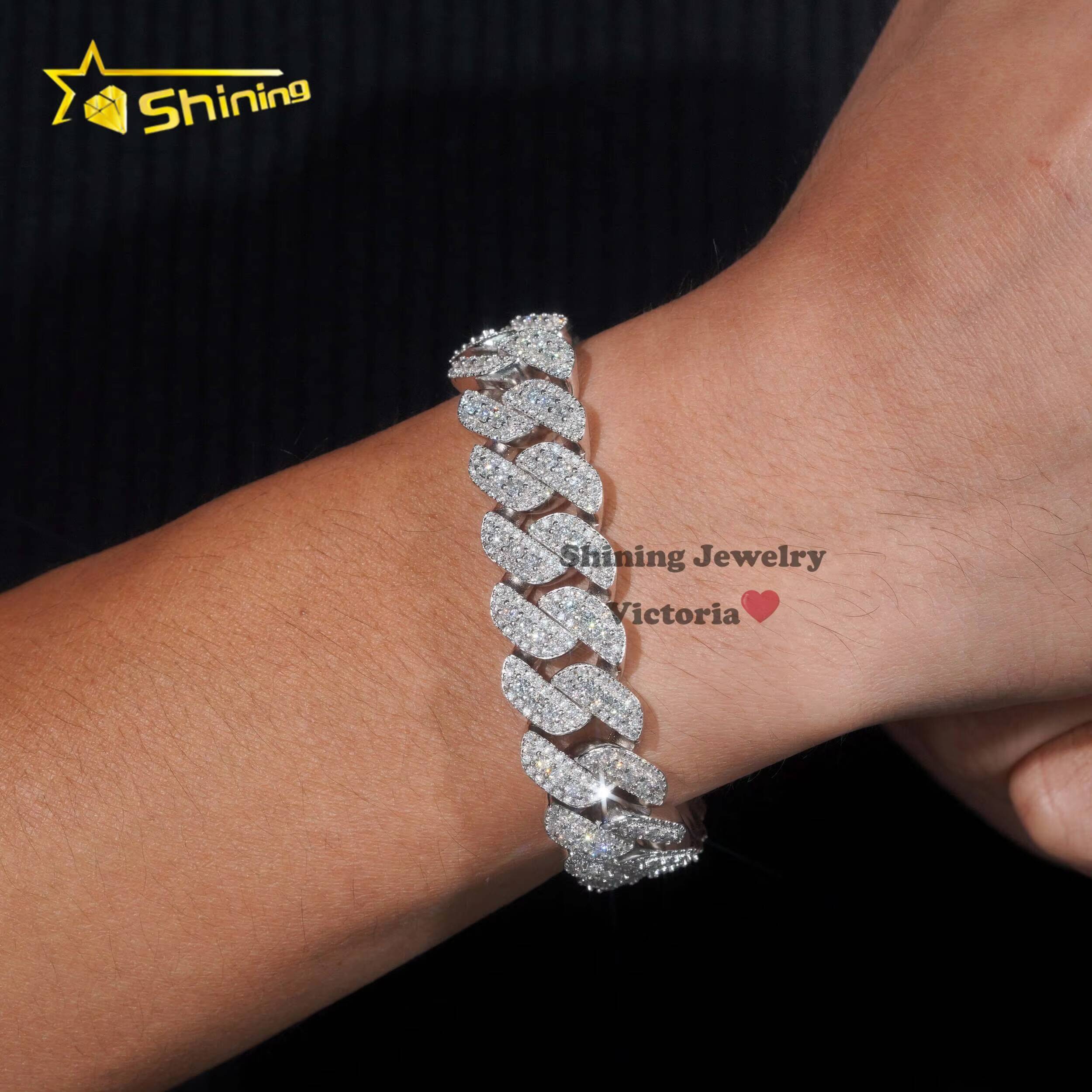 Iced Out Mens Jewelry Hip Hop Sparkle 925 Sterling Silver 15MM VVS Moissanite Diamond Three Rows Cuban Link Bracelet