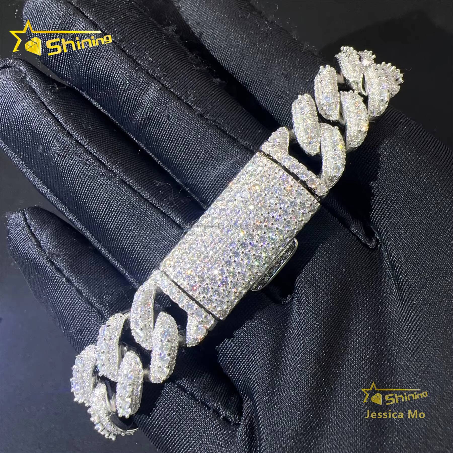13mm 3Rows Rhodium Plated Rapper Hip Hop Jewelry VVS1 Moissanite Iced Out GRA Certificate S925 Silver Miami Cuban Bracelet Man