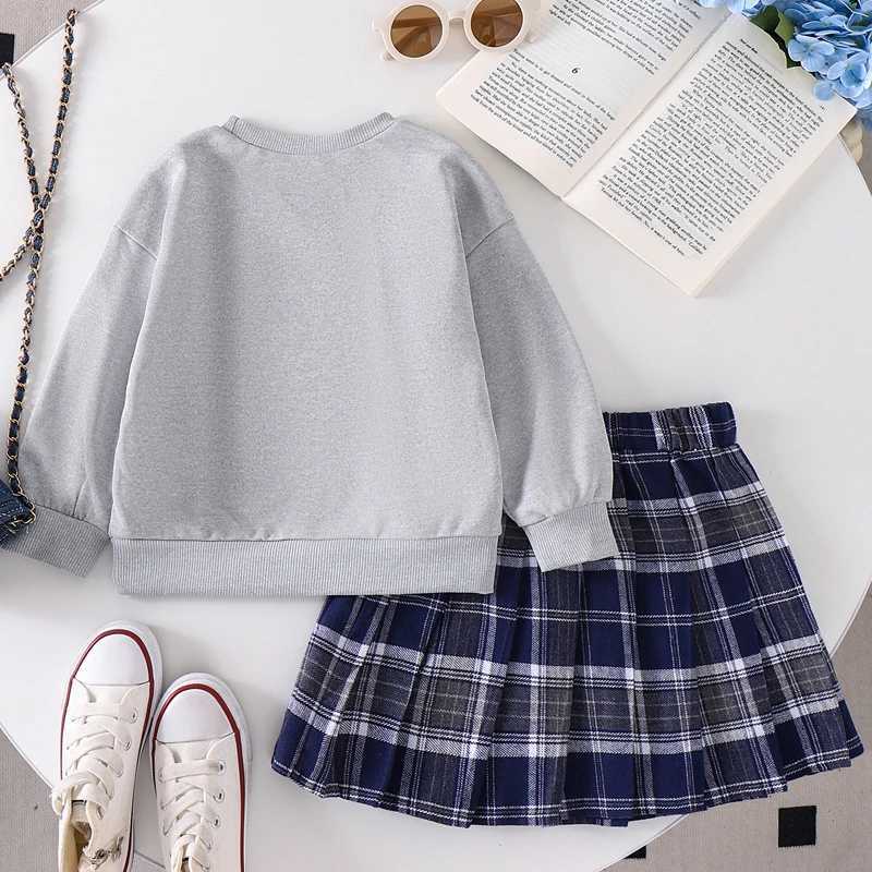 IYEAL Girls Clothing Set Casual Girls Letter Pattern Long Sleeved SweatshirtBlue Checkered Pleated Short Skirt TwoPiece Set L2509261S7U