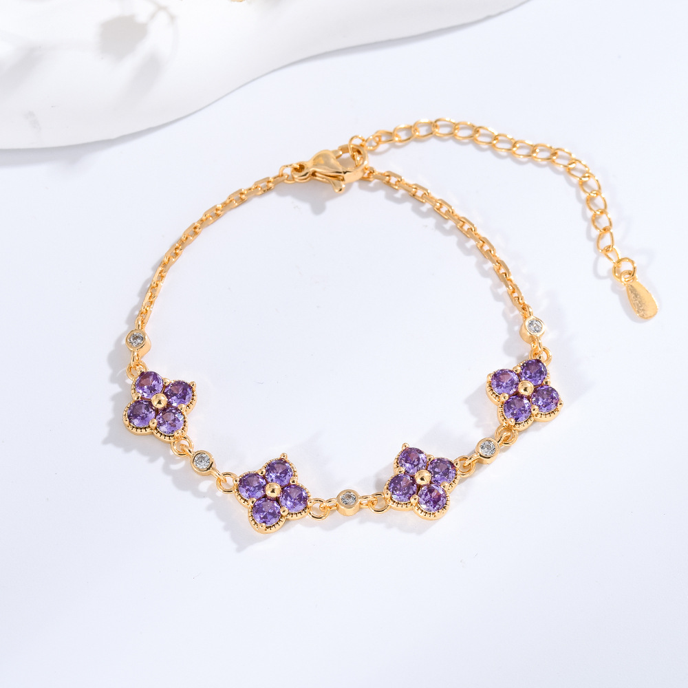 High-End Colorful Gemstone Light Lucky Four-Leaf Flower for Women with Micro-Paved Zirconia, Exquisite Fashion Bracelet
