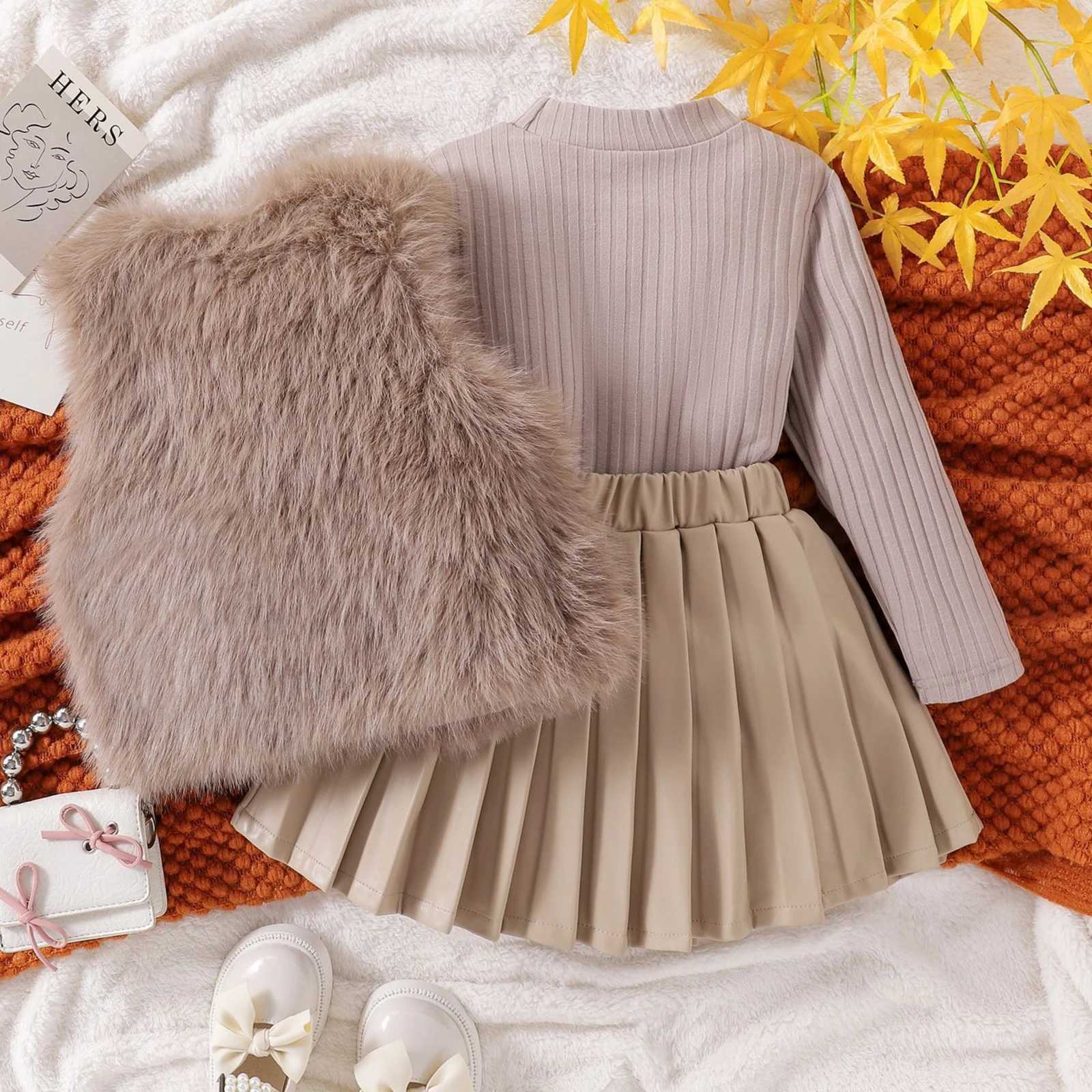 Autumn Winter Girl Clothes Set Baby Toddler Girl Suits Fur Vest Long Sleeve Shirt Base Layer and Faux Leather Skirt Pleated Chic L250926UOK0