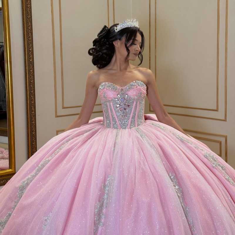 Pink Shiny Quinceanera Dresses Off The Shoulder Applique Lace Beading Crystal Bow Corset Tull Party Birthday Sweet 16 Dress Vestidos 15 Anos