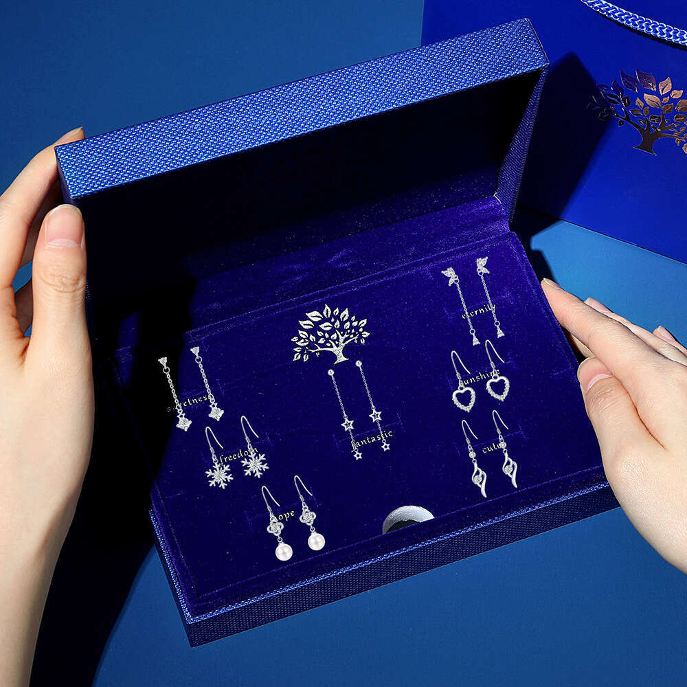 S999 Pure Sier Sparkling Dia Four-Leaf Clover Pearl Earrings Weekly Ear Studs Box Valentine's Day Birthday Gift