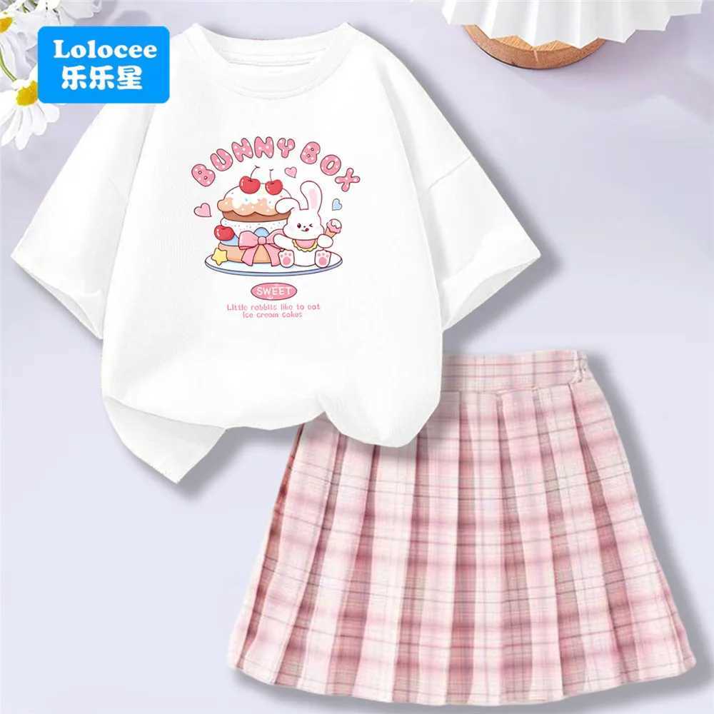 Kids Fashion Summer School Outfit Bunny Cake TShirt top Plaid Skirt 2 piece Set Cute Girls Clothes L2509263LAU