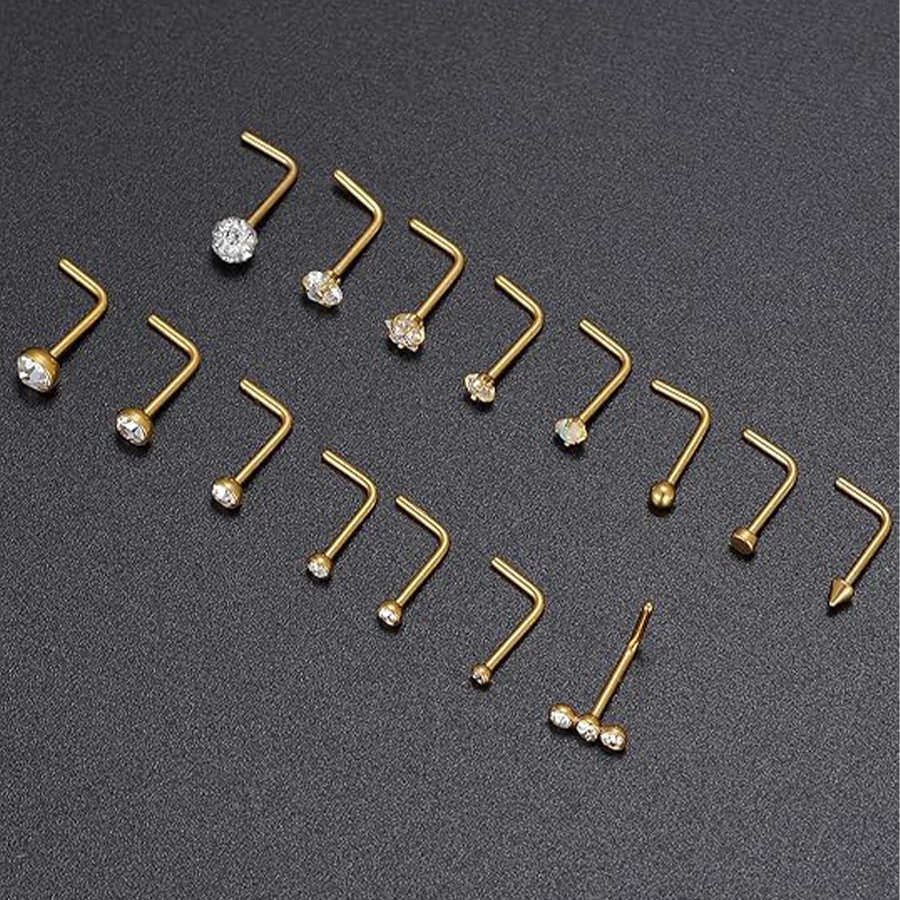 15PCS Titanium Nose Studs Ring L-Shaped Round CZ Ball Opal Star Heart Nose Studs Nostril Body Piercings Jewelry Set for Women Men Gold Tone 20G