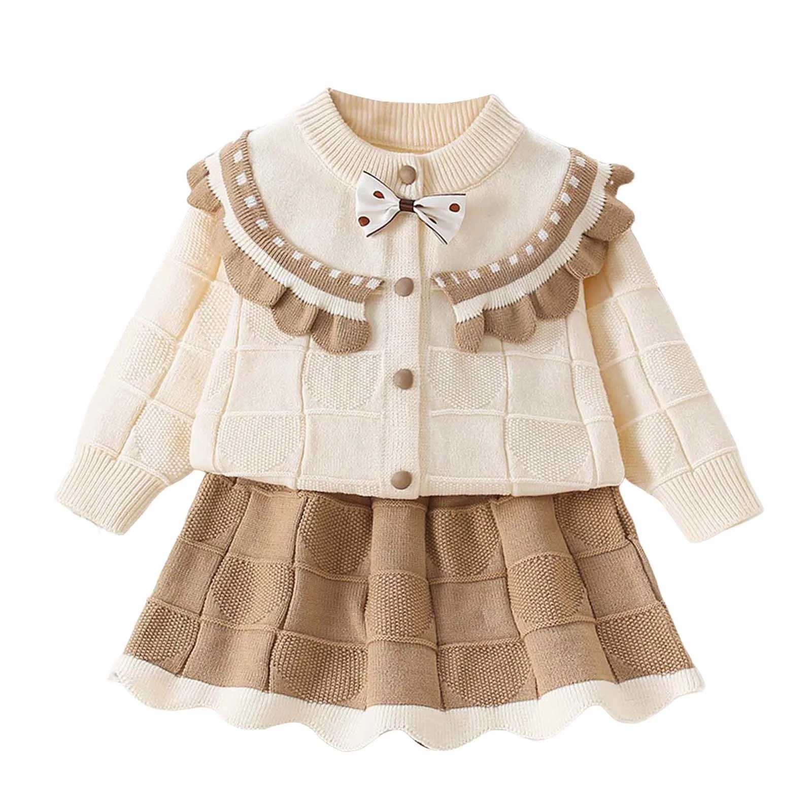 Girls Comfortable And Warm Sweater Set Girls Fashionable And Sweet Knitted Cardigan Half Skirt Set Cotton Warm Clothing L250926EBES