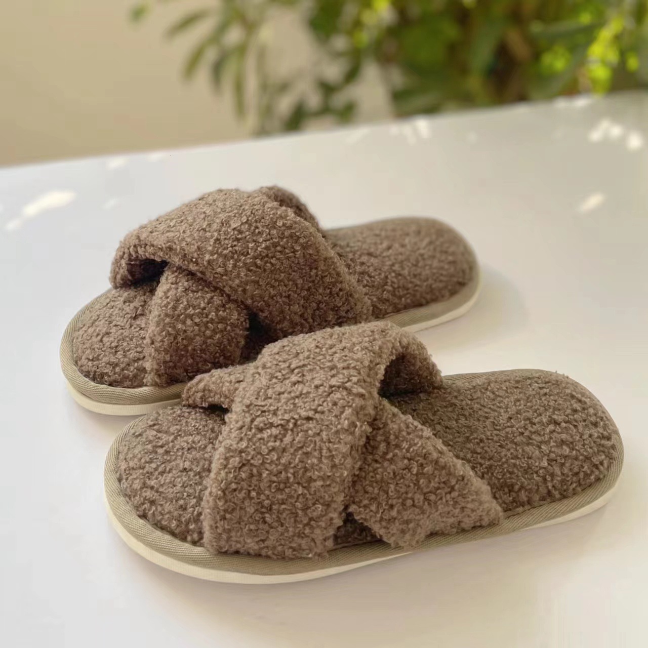 Cross Strap Cotton Wool Home Comfortable Plush Slippers ddmymarket