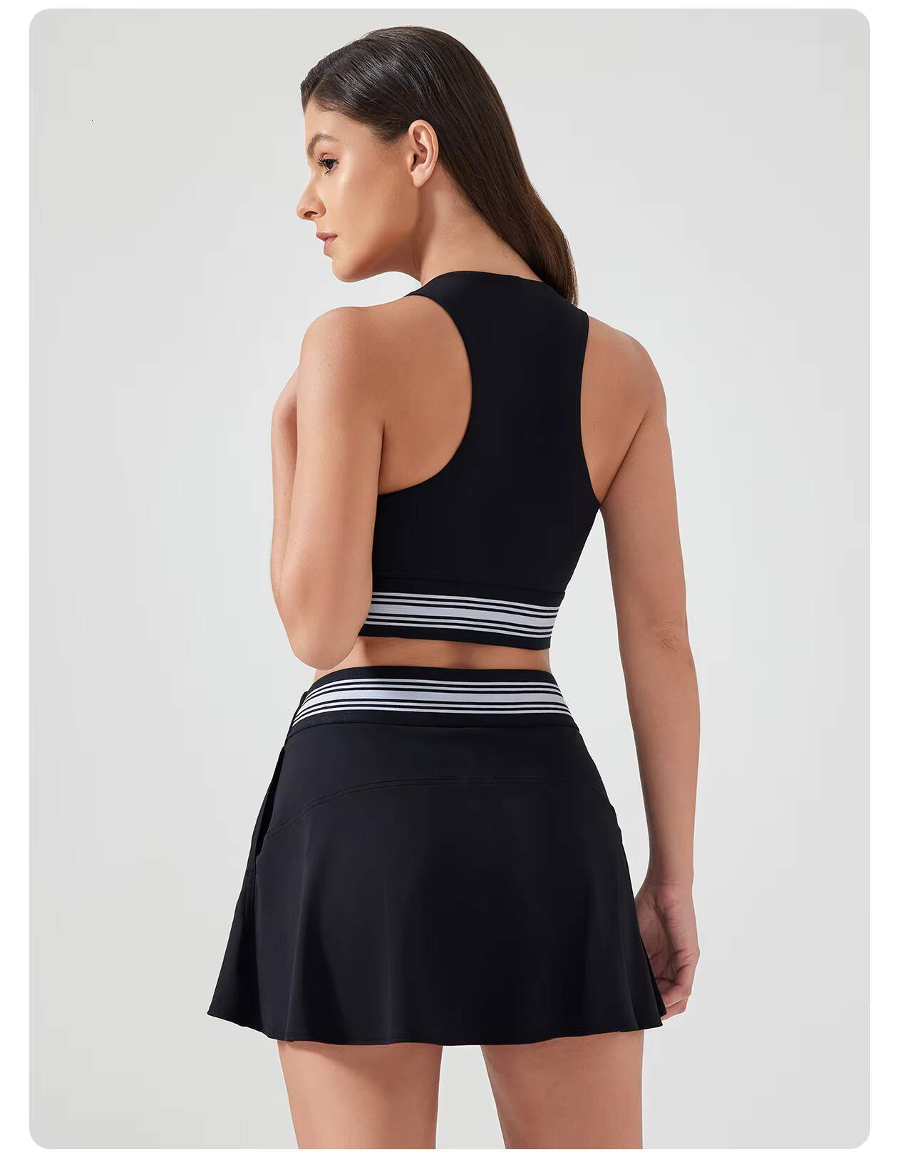 2PCS Contrast Color Tennis Skirt Yoga Suit Vest Top with Lining Short Skirt Suit Outdoor Sports Dance Pilates Fitness Clothes