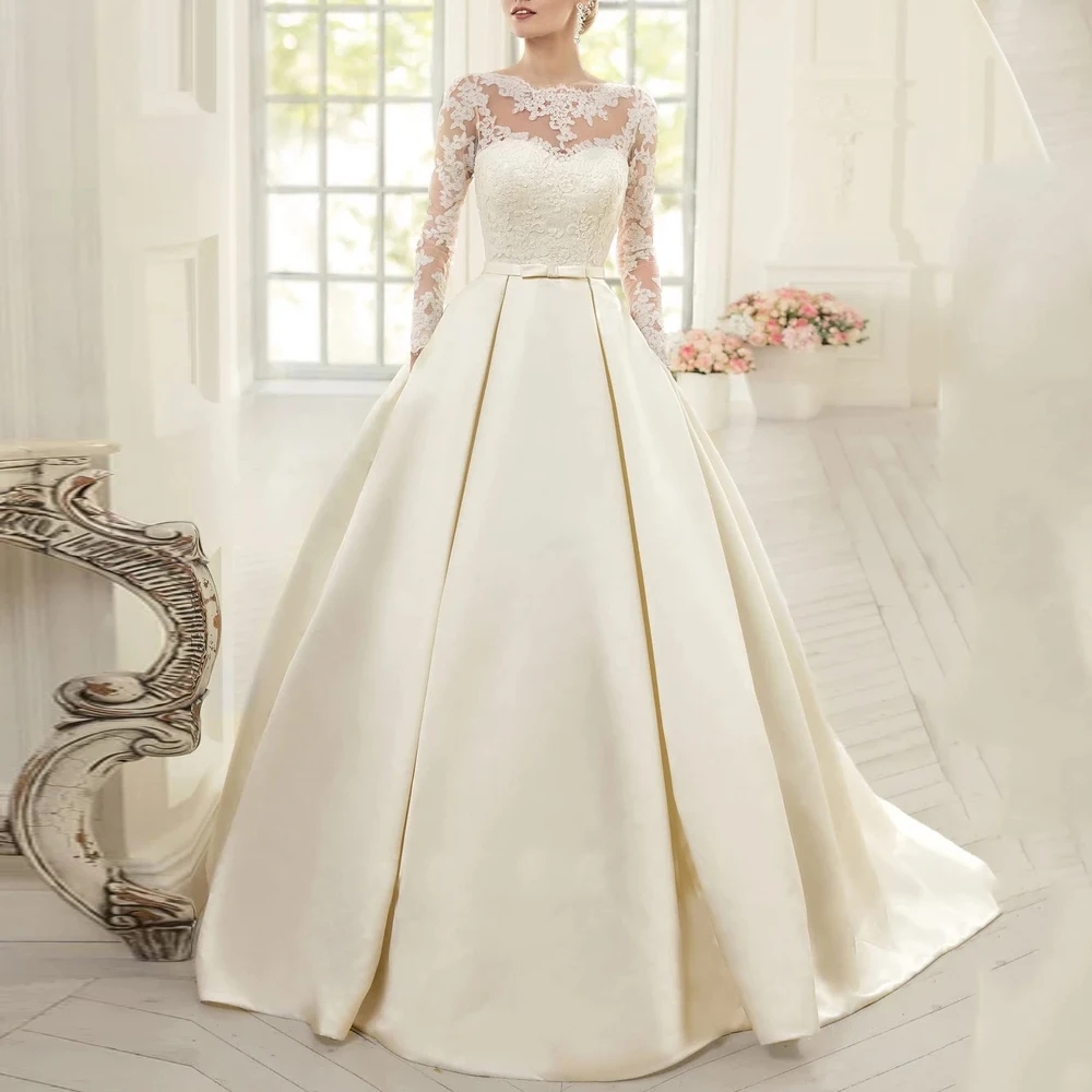 Classic A-line Church Wedding Dress 2026 Boat Neck Flowers Lace Appliques Illusion Long Sleeves Satin Bride Gown Bridal Gowns Vestidos De Noiva