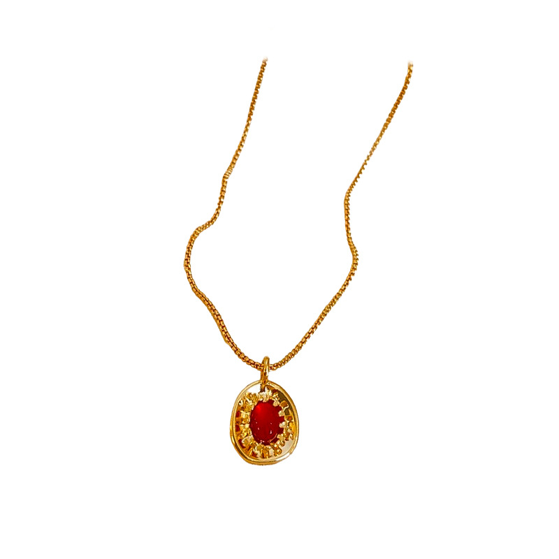 Gold - Toned Chain Necklace With Red Gemstone And Ornate Pendant Delicate Daily & Elegant Jewelry Gift For Her High - Quality And Stylish Accessory