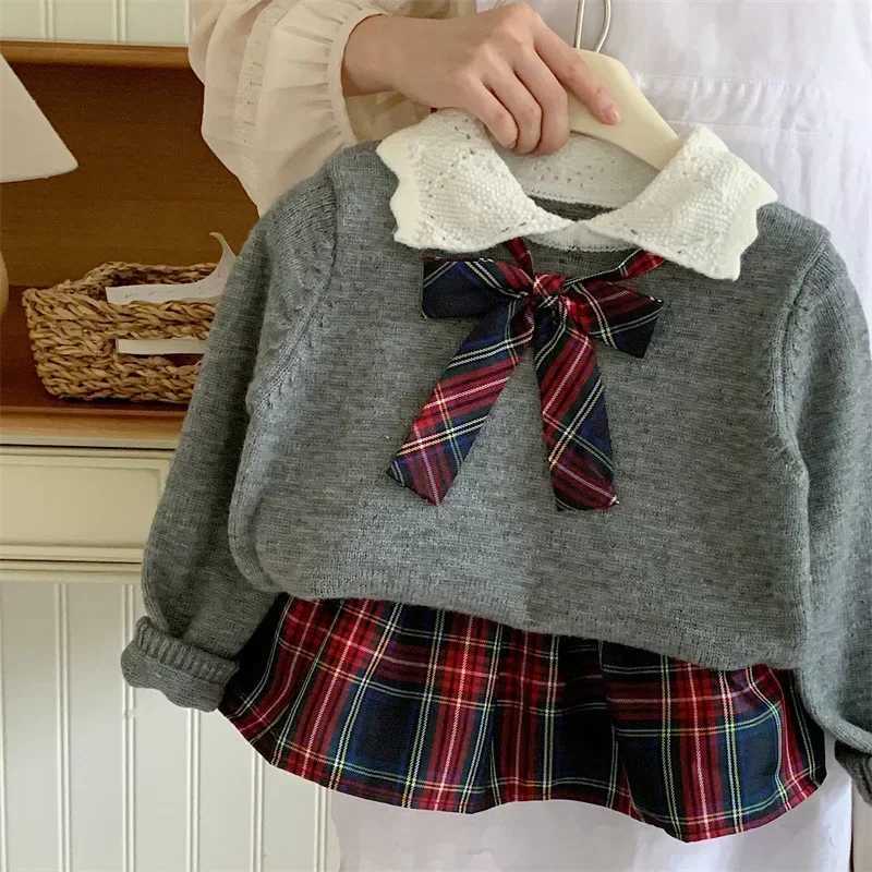 2025 Kids Boutique Clothes Girls Gray Sweater Plaid Skirt 2Piece Set Kawaii Knitwear Baby Girl Outfit L250926G56D