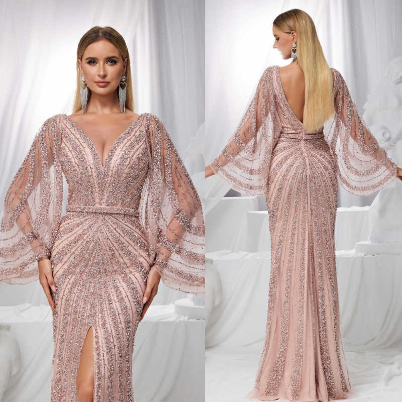 Classic Mermaid Evening Dress O Neck Long Sleeve Sequins Prom Gowns Beaded Splits Floor Length Formal Dresses Customized