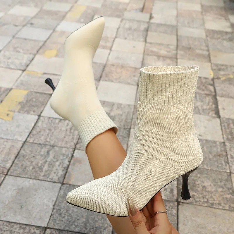 Fashion Women's Boots 2025 Winter Pointed-toe Slim High-heeled Nude Boots Knitted Stretch Boots - Large Size Fitted Short Boots