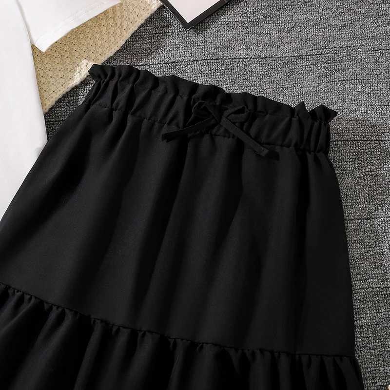 Girls Outfit White Bowknot Trim Tshirt Solid Black Frill Decor Aline Skirt Girls Suits OOTD Trendy Sets L2509260CWR