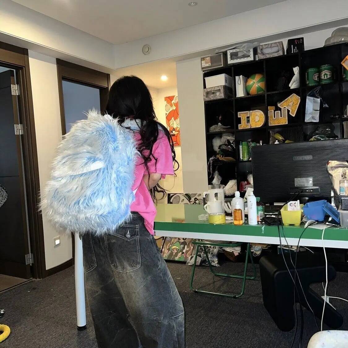 Y2k Fluffy Backpacks Color Contrast Winter Travel Bags Outdoor College Student Fashion School Bag Haruku Faux Fur Backpack New high-quality