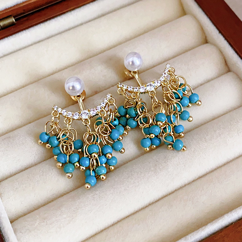 Gold - Toned Dangle Earrings With Turquoise Beads, Pearl And Zircon Accents Delicate Daily & Elegant Jewelry Gift For Her High - Quality And Stylish A