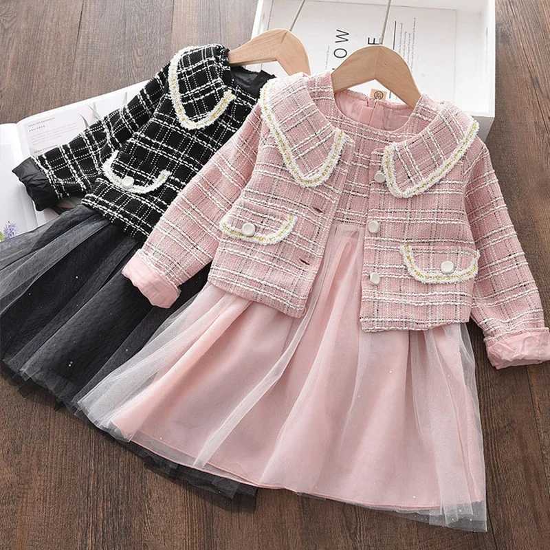 Korean Version Fashion Autumn and Winter New Girls Suit Flip Collar Checkered Long Sleeve CoatVest Mesh Dress Two Piece Set L250926JCCA