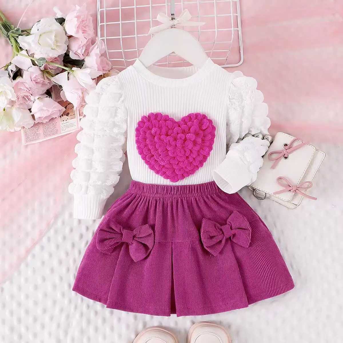 Childrens Spring and Autumn Set Girls New Bubble Sleeve Love TopBow Short Skirt Two Piece Set Kids Outfits L250926DUIQ
