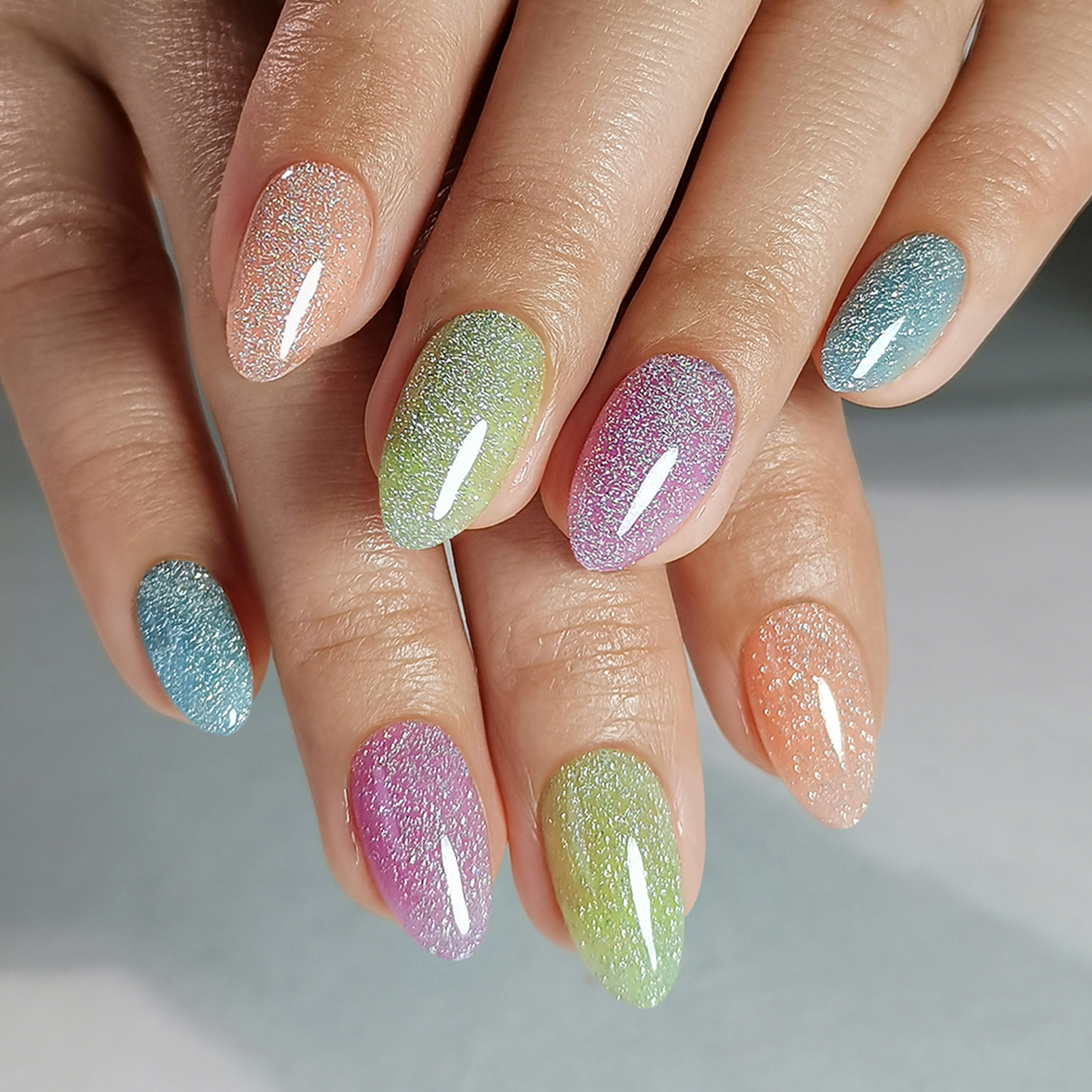 Colorful Candy Glitter Push-On Nails Almond Nails Glitter Diamonds - Soft Gel Fake Nails Gift for Women, Available in 16 Sizes - 32 Reusable Nails