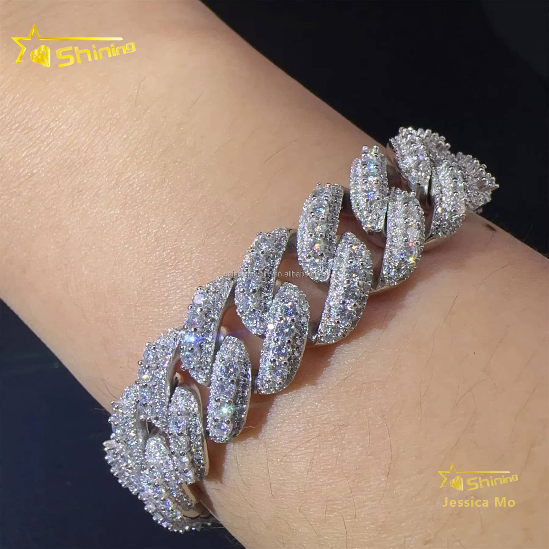 13mm 3Rows Rhodium Plated Rapper Hip Hop Jewelry VVS1 Moissanite Iced Out GRA Certificate S925 Silver Miami Cuban Bracelet Man