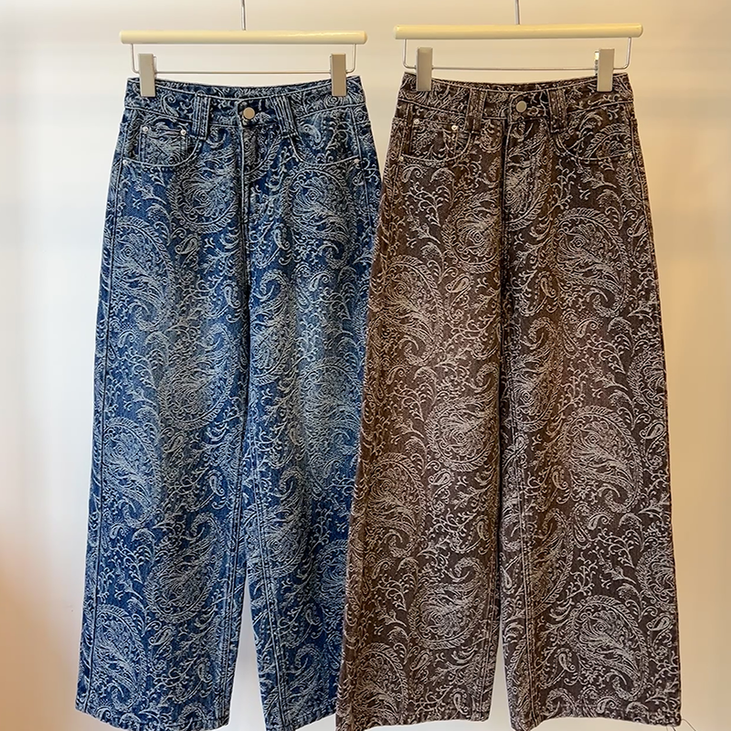 Women's Retro Paisley Print Denim Wide-Leg Pants High-Waisted Slimming Loose Straight-Leg Ethnic Style Full-Print Jeans Trousers CK003 Z260313