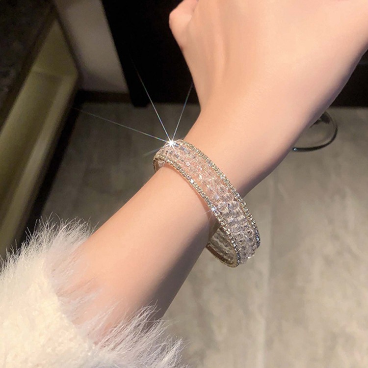 Gold - Toned Crystal Bead - Embellished Wide Cuff Bracelet With Double - Row Zircon Accents Delicate Daily & Luxurious Jewelry Gift For Her High - Qua