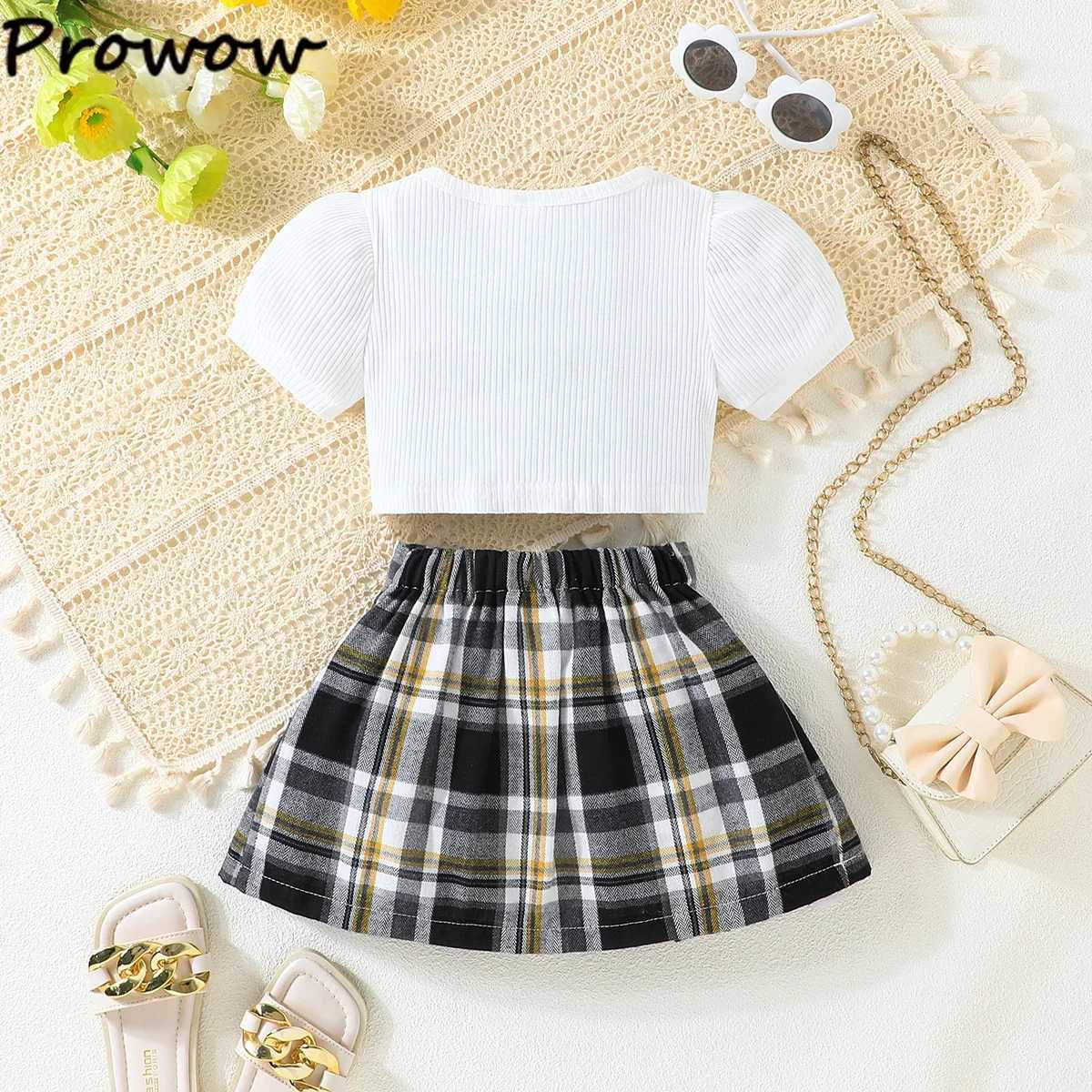 Prowow Summer Girl School Uniforms Plaid Bow Top and High Waist Plaid Skirt 2pcs Kids Academic Style Clothing Set 2025 L250926B00P