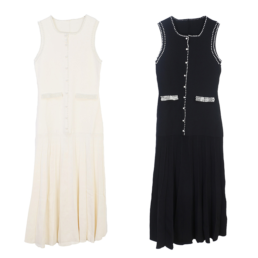 S family spring and summer new small fragrance wind sleeveless dress for women French elegant pearl sleeveless long vest dress for women's knitte